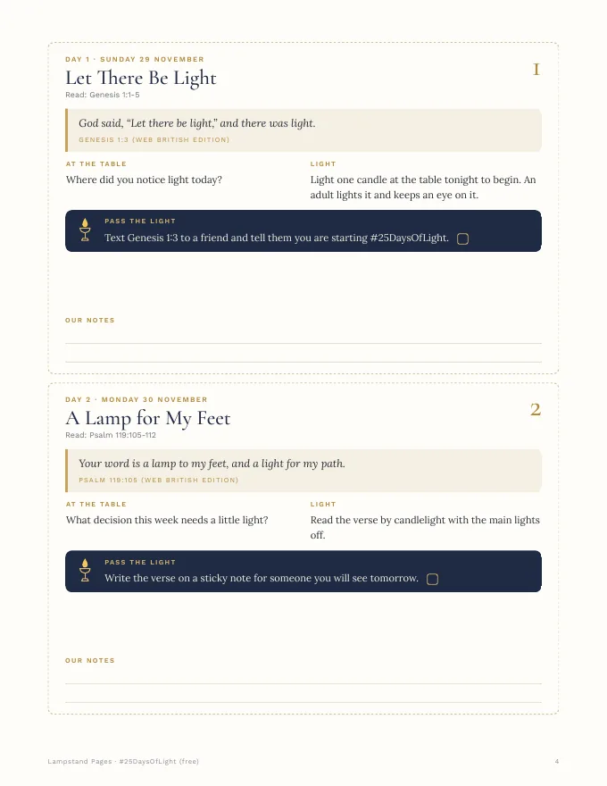 Two #25DaysOfLight cards for 29 and 30 November, each with a verse, a table question, a light moment and a Pass the Light step