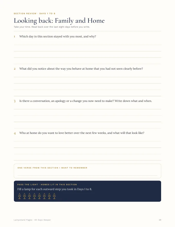 Section review page from 40 Days Deeper: Looking back on Family and Home