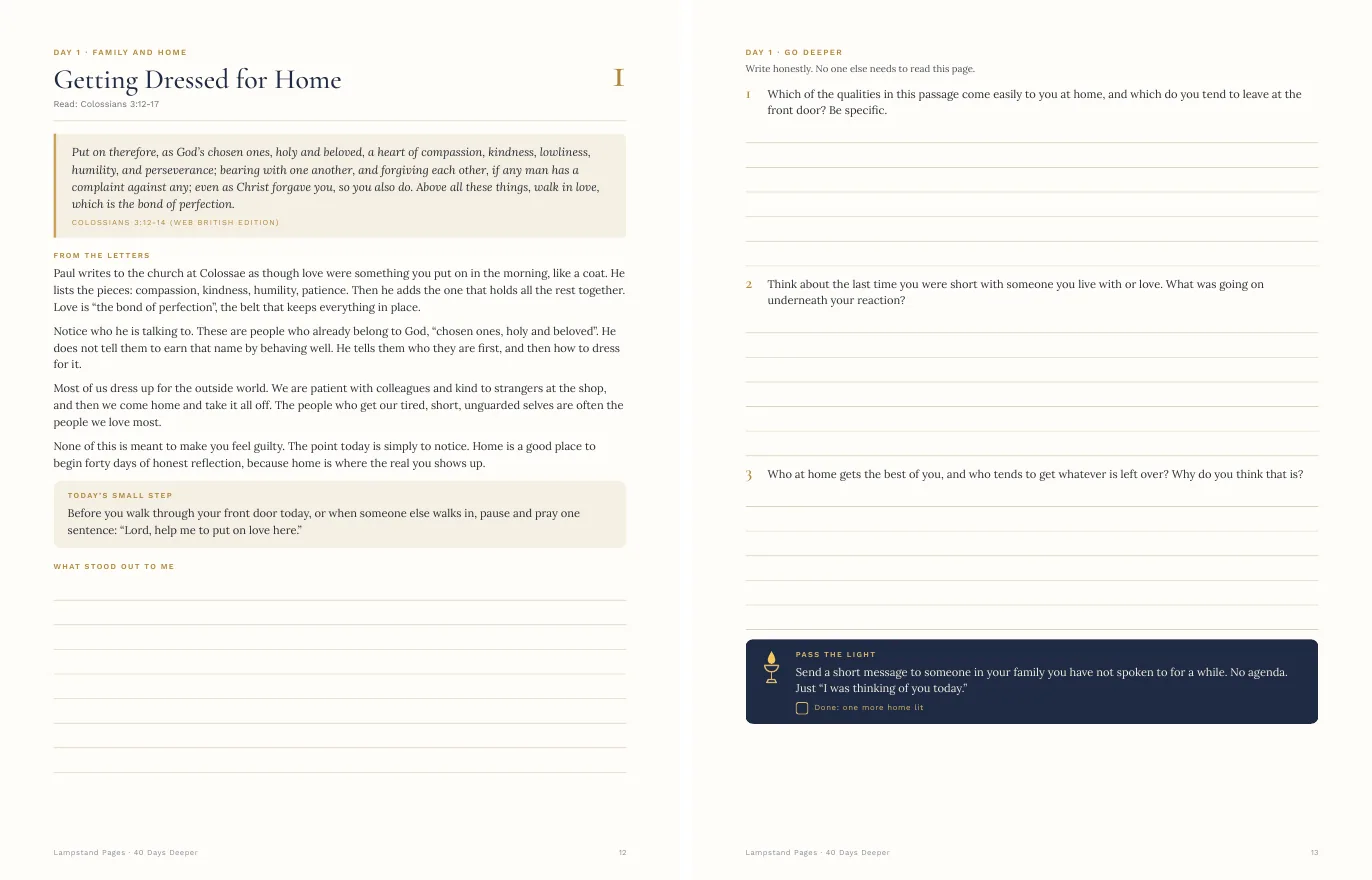 Day 1 two-page spread from 40 Days Deeper: passage, key verse, teaching, small step, three reflection prompts and a Pass the Light step