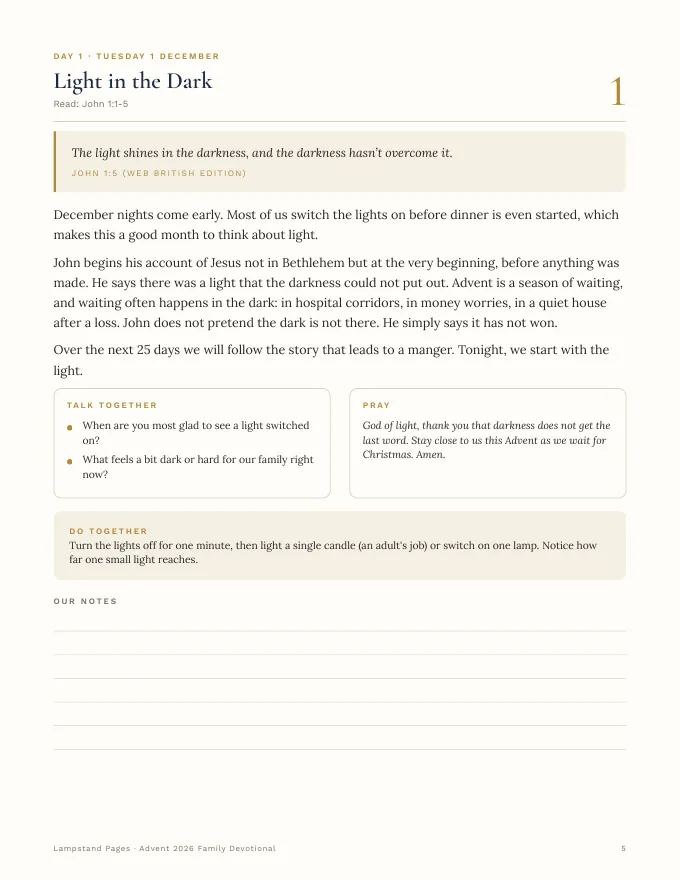 Inside pages of the Advent 2026 Family Devotional