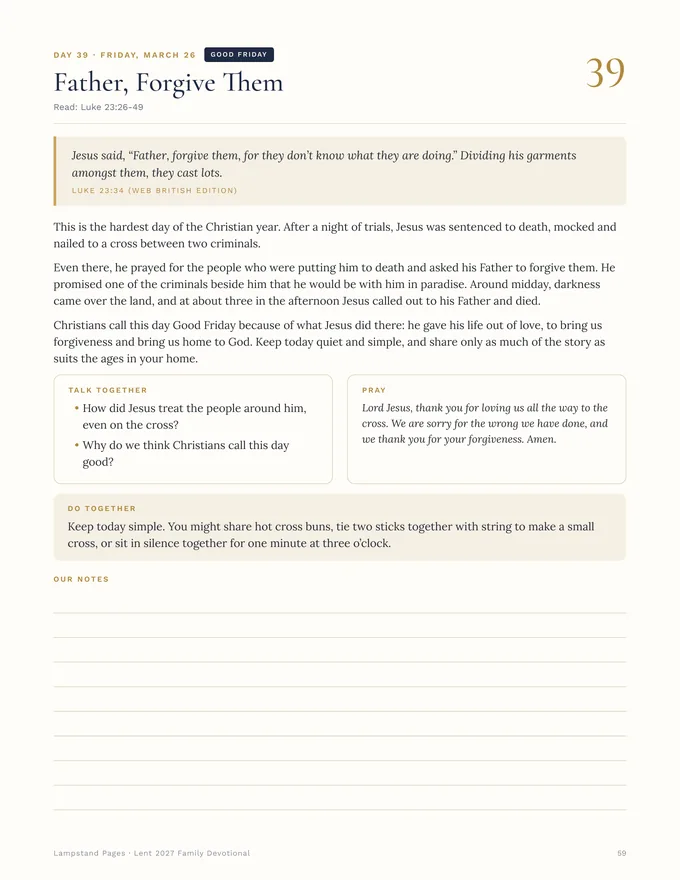 Good Friday page from the Lent 2027 Family Devotional: Father, Forgive Them