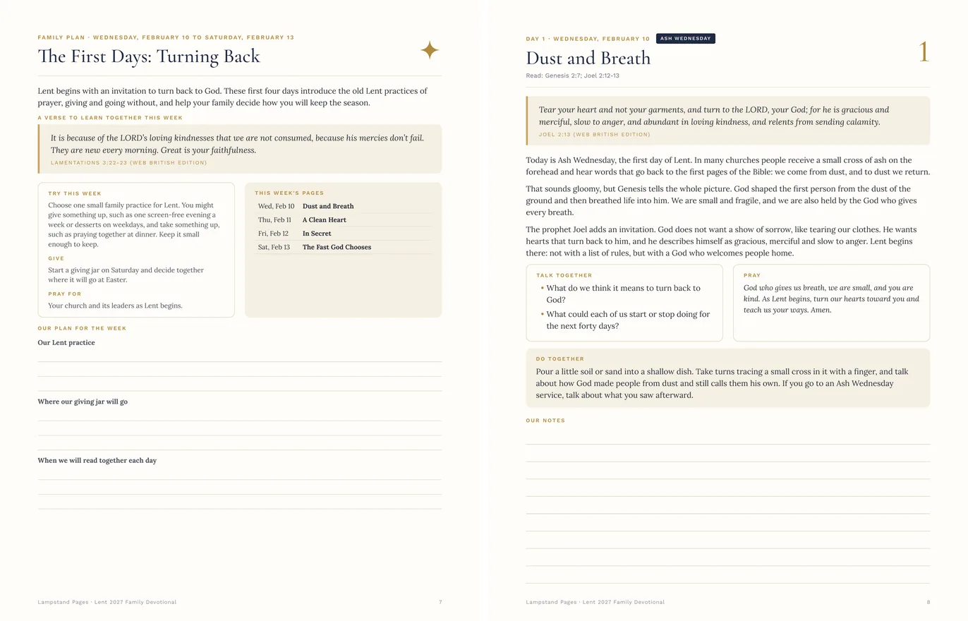 Family plan for the first days of Lent and the Day 1 Ash Wednesday page: key verse, short reflection, questions to talk about, a prayer and something to do together
