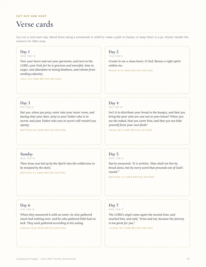 Page of cut-out verse cards from the Lent 2027 Family Devotional