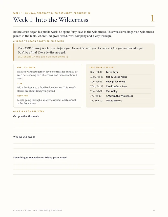 Week 1 family plan from the Lent 2027 Family Devotional: Into the Wilderness