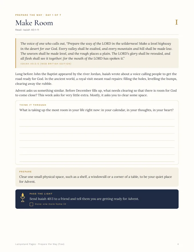 Day 1 page of Prepare the Way: Make Room, with a verse, a reflection, a question, a Prepare step and a Pass the Light step