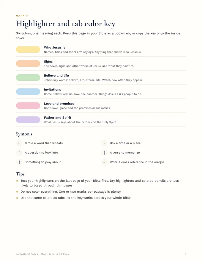 Highlighter and tab color key page: six colors, one meaning each, with symbols for repeated words, places, questions and memory verses