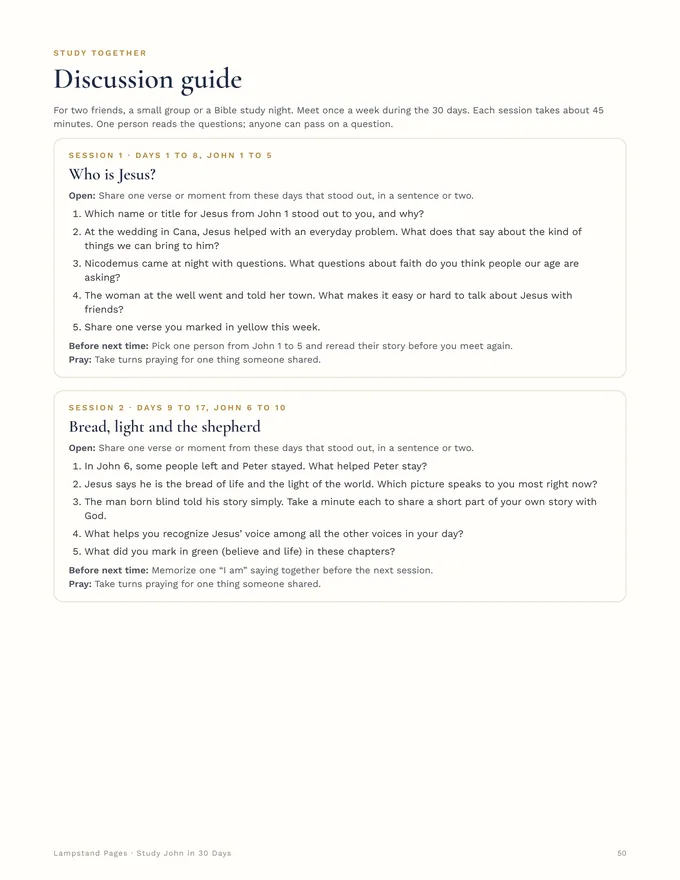 Discussion guide page for a friend or small group, sessions 1 and 2
