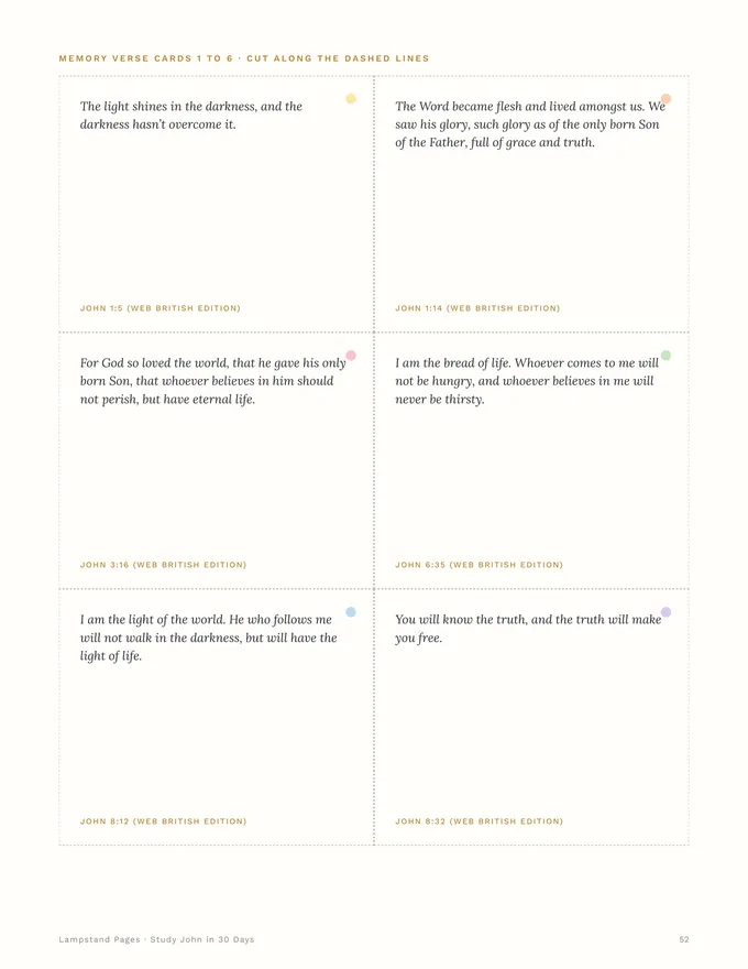 Page of cut-out memory verse cards from the Gospel of John