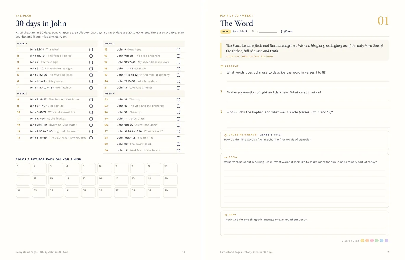 The 30-day plan with checkboxes and the Day 1 page on John 1:1-18: key verse, three questions, a cross reference, Apply and Pray